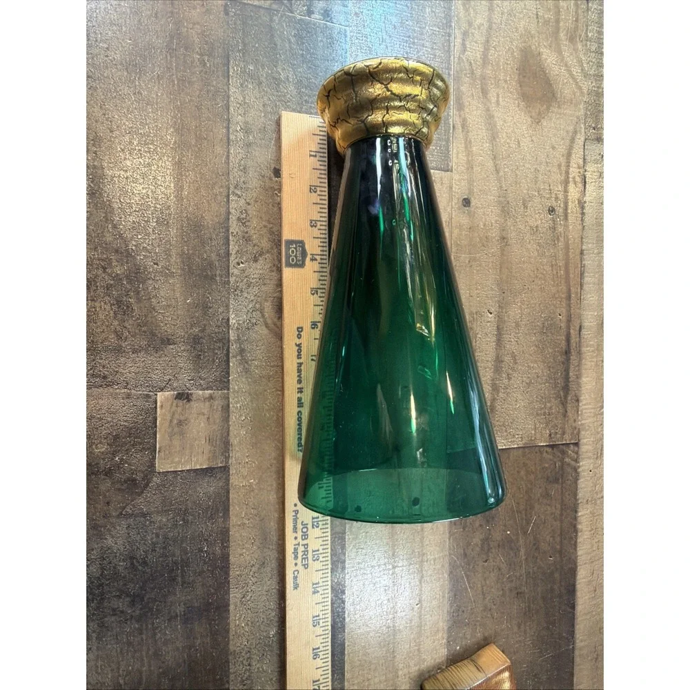 Cristallerie Emerald Green Glass Trumpet Vase Gilded Pedestal Base Vtg Italy 11